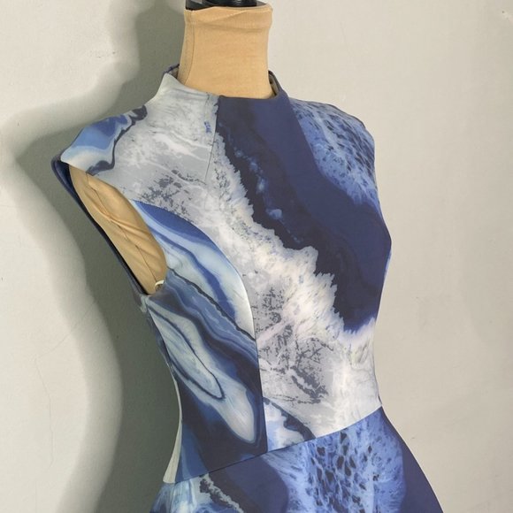 cameo Blue Marble Daydreaming Mini Dress Fit & Flare Cap Sleeves Mock Neck Small - Picture 7 of 12